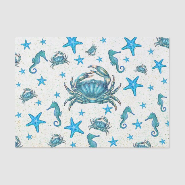 Papier Mousseline Plage moderne Crabe bleu Starfish Sehorse Party (Recto)