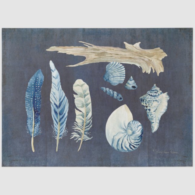 Papier Mousseline Plage Ocean Shells Plumes Marine Blue Decoupage (Recto)