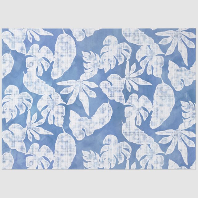 Papier Mousseline Plage Tropical Jungle Feuillage Bleu et blanc (Recto)
