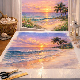 Papier Mousseline Plage Tropicale Lever de Soleil Art Aquarelle