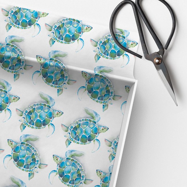Papier Mousseline Plage Turquoise Blue Sea Turtle (tissue paper decoupage turquoise beachy sea turtle watercolor )