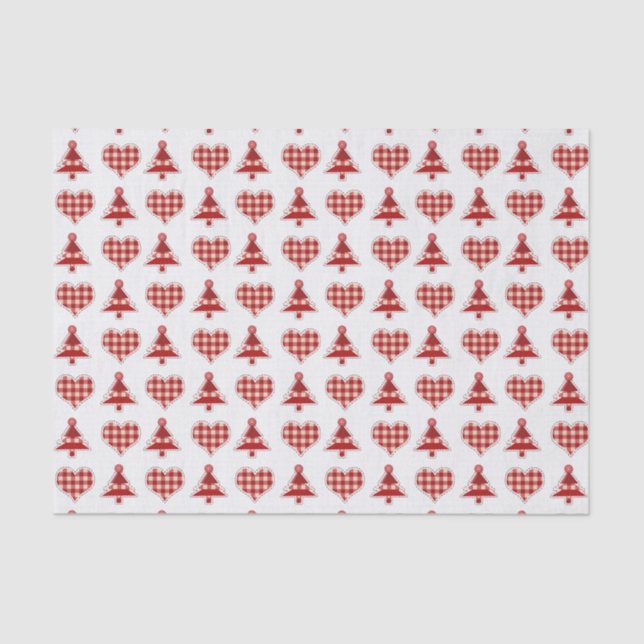 Papier Mousseline Plaid Red Christmas Trees and Hearts Motif (Recto)