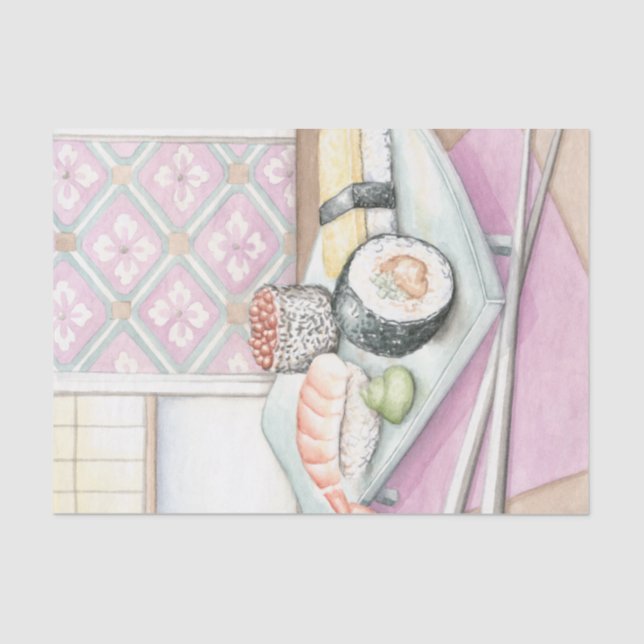 Papier Mousseline Plaque de sushi assorté avec baguettes (Recto)