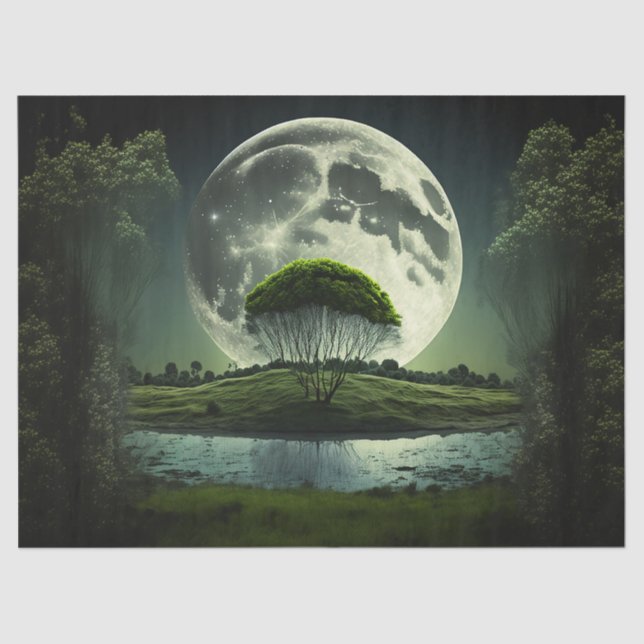 Papier Mousseline Pleine lune avec arbre et décantation fluviale (Recto)