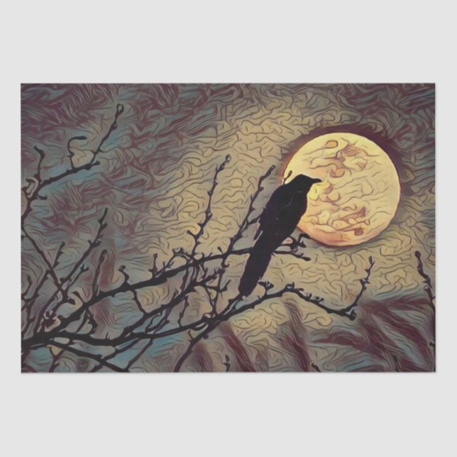 Papier Mousseline Pleine lune et corbeau Automne Automne peinture nu (Recto)