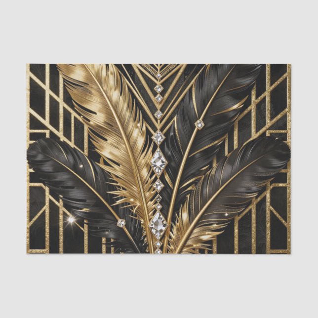 Papier Mousseline Plumes Art Déco noir or (Recto)