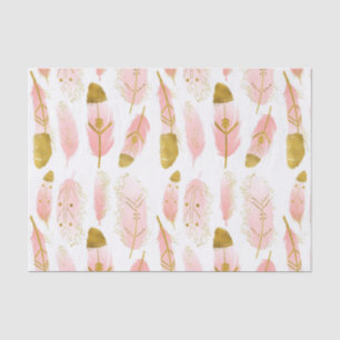 Papier Mousseline Plumes de Bohême rose avec huile d'or