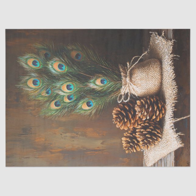 Papier Mousseline Plumes de paon à vie fixe Pinecones Découpage (Recto)