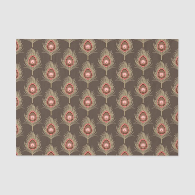 Papier Mousseline Plumes de paon, beige sur Brown de chocolat foncé (Recto)