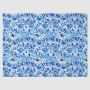 Papier Mousseline Plumes de paon bleu blanc