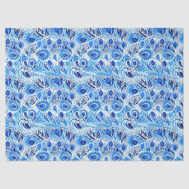 Papier Mousseline Plumes de paon bleu blanc (Recto)
