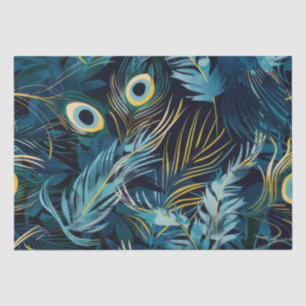 Papier Mousseline Plumes de paon noir, bleu et jaune motif