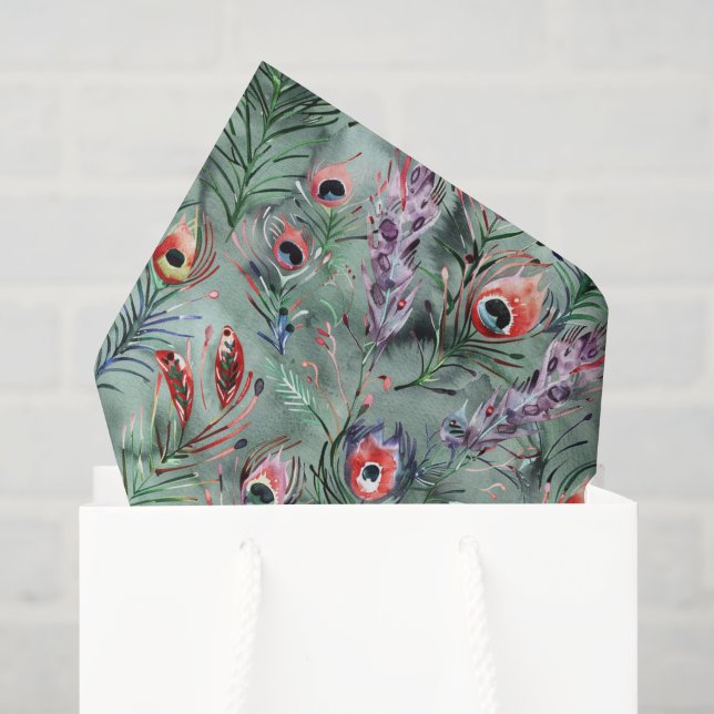 Papier Mousseline Plumes de paon vert rouge (Sac cadeau)