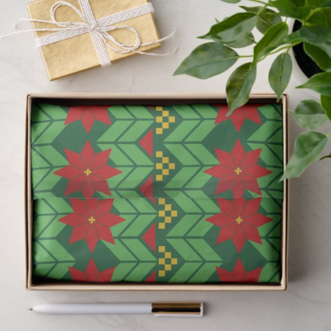 Papier Mousseline Poinsettia Flowers Red Gold and Green Holiday (Cadeau)