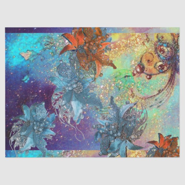 PAPIER MOUSSELINE POINSETTIAS BLEU ROUGE, BOUTEILLE EN ÉPARGNES D'OR (Recto)