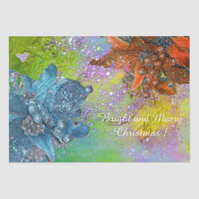 PAPIER MOUSSELINE POINSETTIAS BLEU ROUGE, ÉTOILES XMAS EN ÉPARKLES V (Recto)