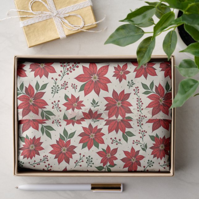 Papier Mousseline Poinsettias Rouge Clair (Cadeau)