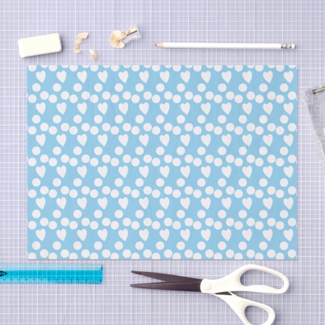 Papier Mousseline Points & Coeurs d'amour motif blanc bleu (Artisanat)