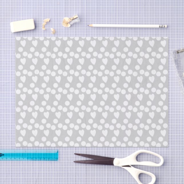 Papier Mousseline Points & Coeurs d'amour motif blanc gris (Artisanat)