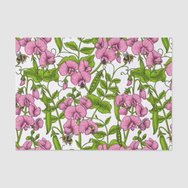 Papier Mousseline Pois doux et bourdons, rose, vert et blanc (Recto)
