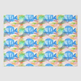 Papier Mousseline Poisson bleu tropical Aquarelle Océan
