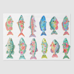 Papier Mousseline Poisson Floral Aquarelle Fantaisiste Coloré