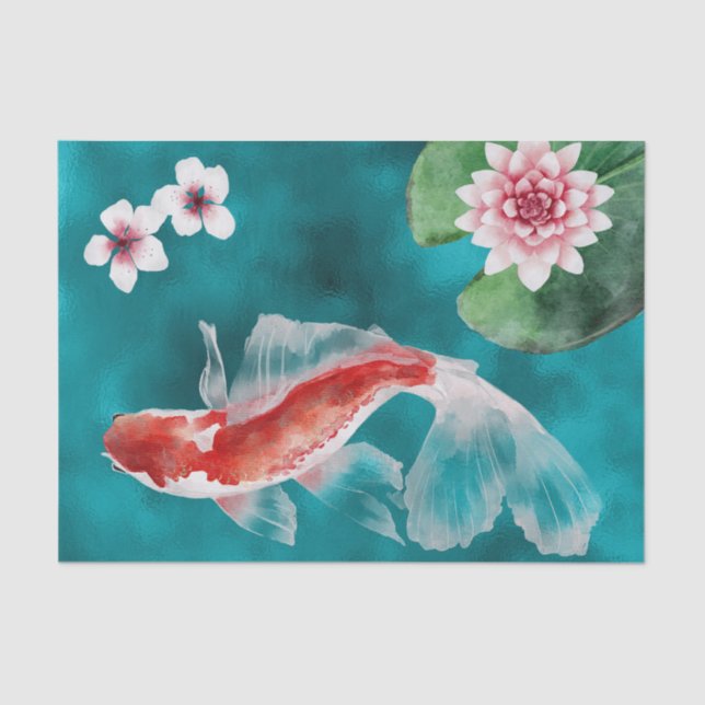 Papier Mousseline Poisson Koi japonais, fleurs de cerisiers Japon (Recto)