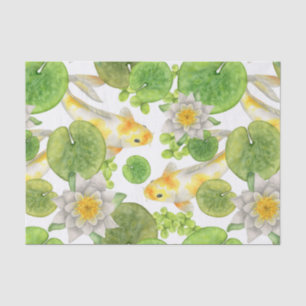 Papier Mousseline Poisson Koi jaune et Lys d'eau blanche Étang