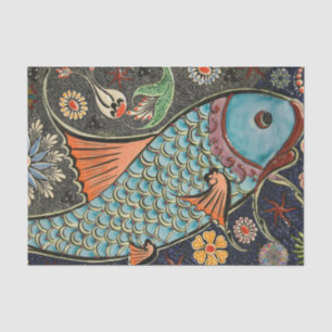 Papier Mousseline Poisson vintage en mosaïque avec fleurs Abstraites