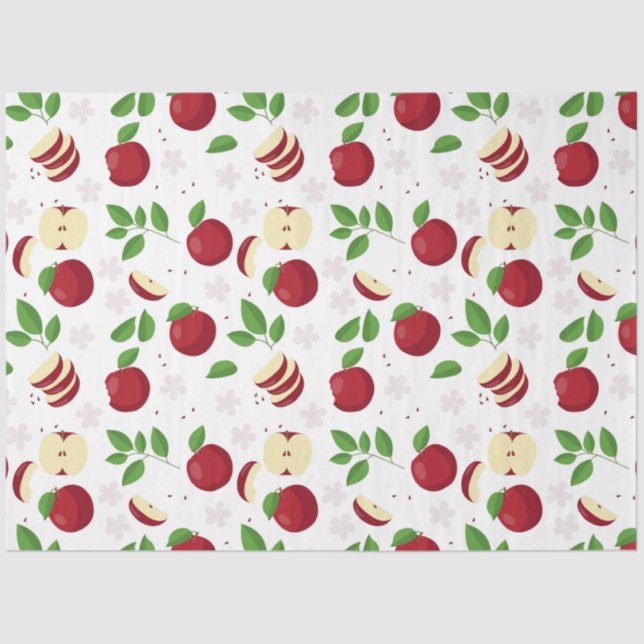 Papier Mousseline Pommes rouges, fleurs et Motif de verdure (Recto)