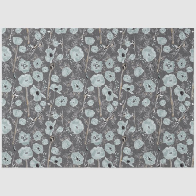 Papier Mousseline Poppies Gris Bleu Charbon Floral (Recto)