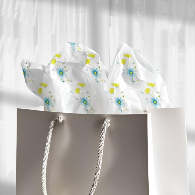 Papier Mousseline Poppies rustiques simples bleues jaunes aquarelles (Créateur téléchargé)