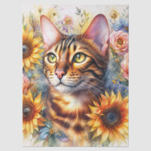 Papier Mousseline Portrait artistique aquarelle de chat aux fleurs