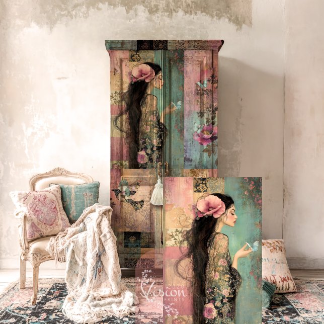 Papier Mousseline Portrait capricieux d'esprit libre, patchwork et f (Pink, black & green, Whimsical Portrait, Vintage patchwork & Floral decoupage tissue paper)