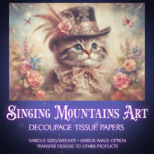 Papier Mousseline Portrait de chaton vintage avec découpage floral 