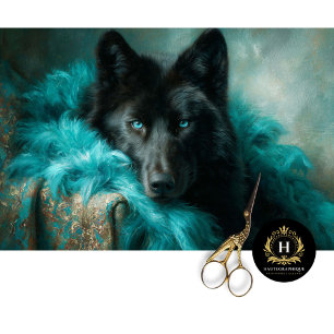 Papier Mousseline Portrait de Loup Noir au Velvet Sarcelle