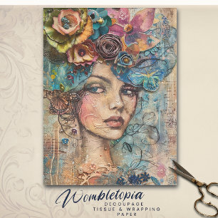 Papier Mousseline Portrait de Muse Floral Bohème, Collage de découpa
