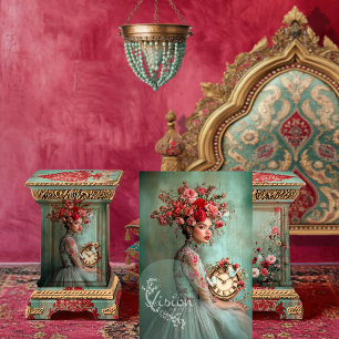 Papier Mousseline Portrait de rose écarlate Papillons Horloge Floral