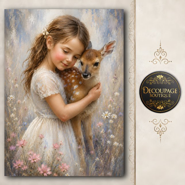 Papier Mousseline Portrait découpage de fille et faon (Girl and Fawn Portrait Decoupage Tissue Paper)