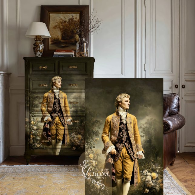 Papier Mousseline Portrait Floral du Gentilhomme Baroque en Manteau  (Baroque Gentleman print displayed on dark vintage cabinet, antique room)