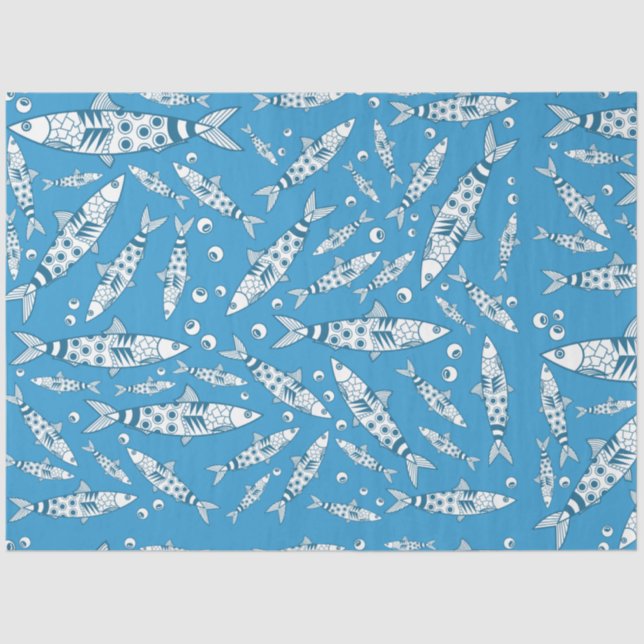 Papier Mousseline Portugais Lisbonne Sardines Motif Azulejos Bleu (Recto)