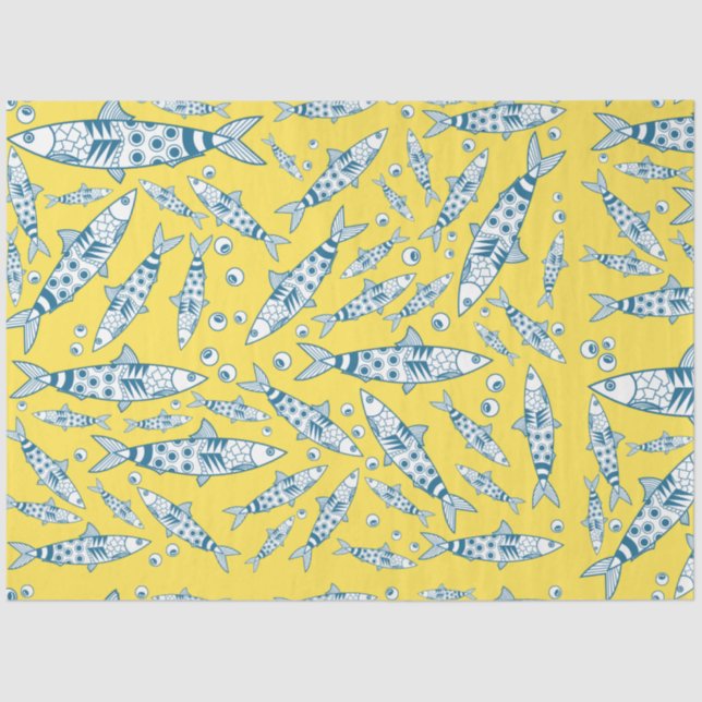 Papier Mousseline Portugais Lisbonne Sardines Motif Azulejos Jaune (Recto)