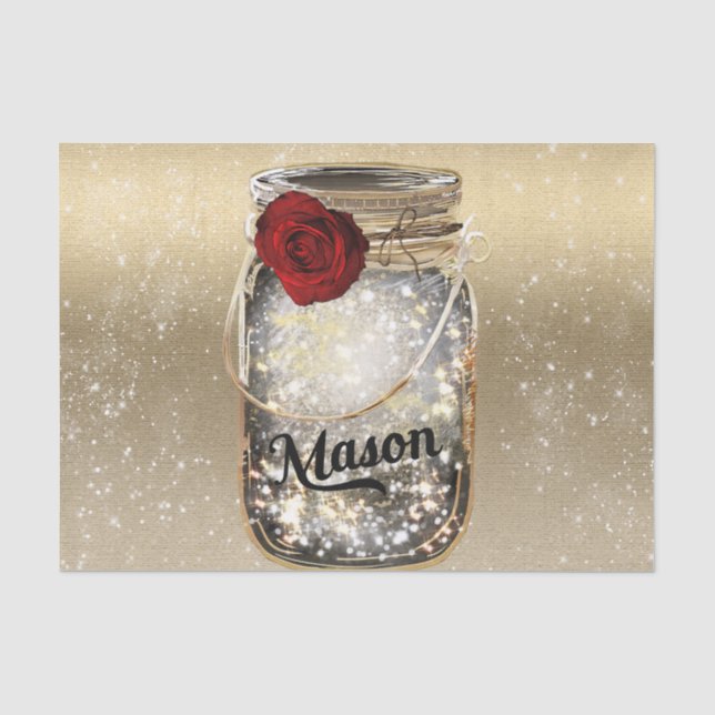 Papier Mousseline Pot Mason Rose Rouge Glamour Étincelle Dorée (Recto)
