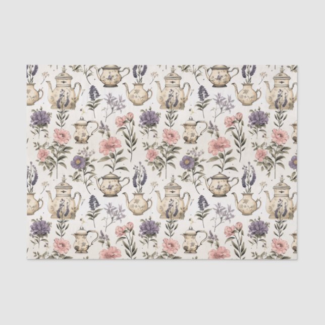 Papier Mousseline Pots de thé vintages et fleurs (Recto)