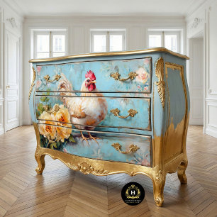Papier Mousseline Poule Blanche Fleurs Jaunes Commode Décoration au