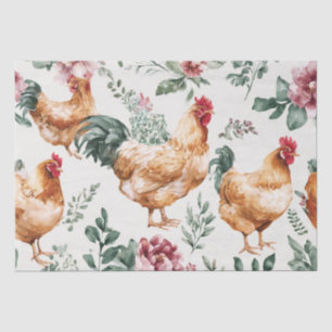 Papier Mousseline Poules de basse-cour et motif botanique