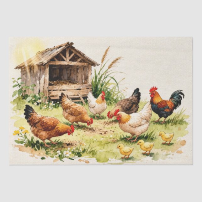 Papier Mousseline Poules de la ferme à l'aquarelle (Recto)