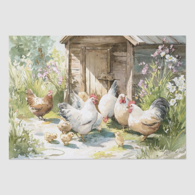 Papier Mousseline Poules de la ferme à l'aquarelle (Recto)