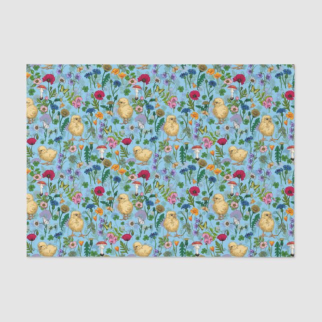 Papier Mousseline Poulets et fleurs sauvages sur bébé bleuChat dessi (Recto)