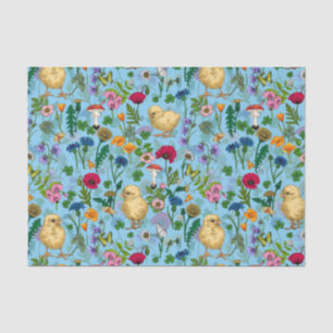 Papier Mousseline Poulets et fleurs sauvages sur le bleu bébé